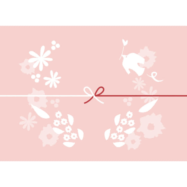 鳥や花を散りばめたピンク色のカジュアルなのし紙（蝶結び）