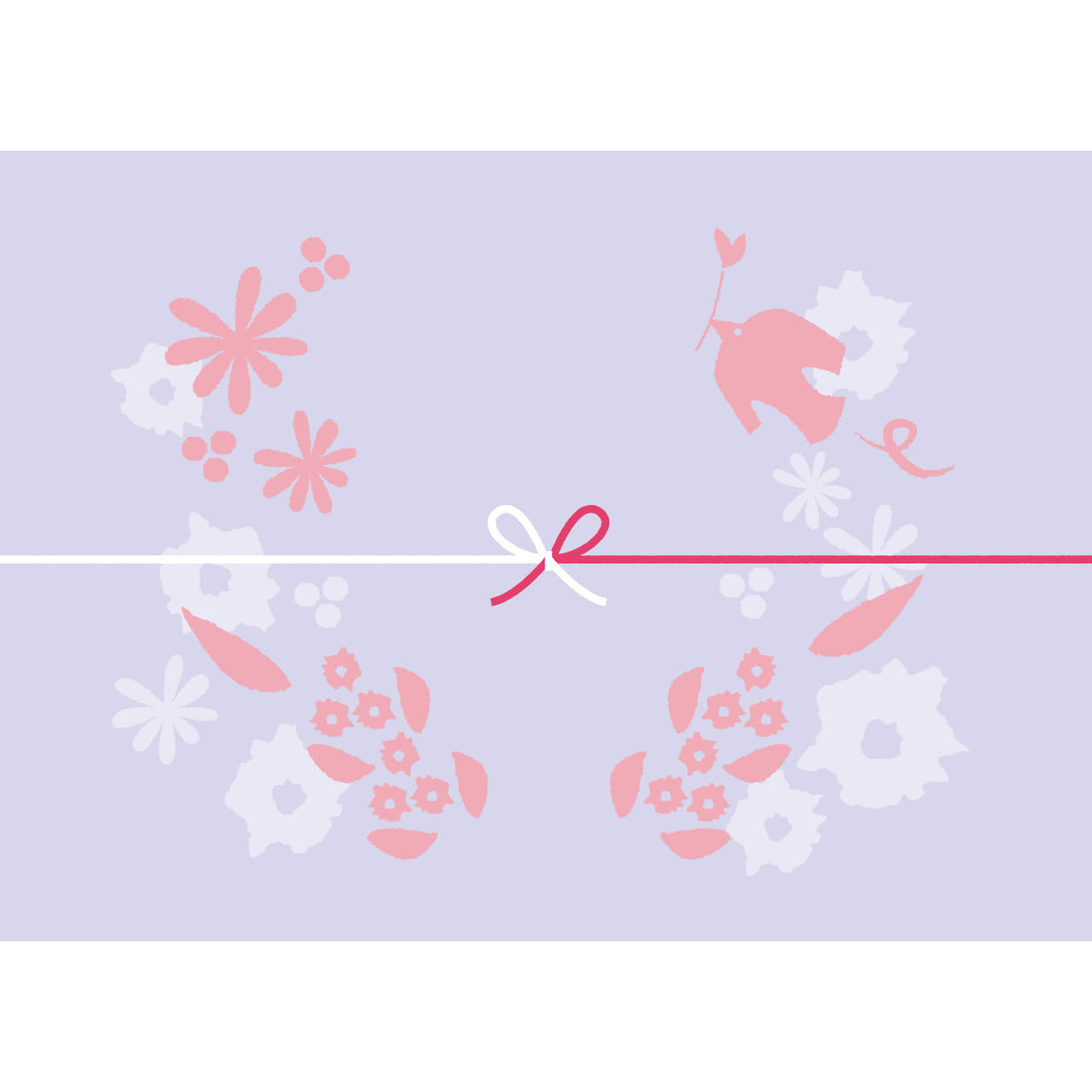 鳥や花を散りばめた紫色のカジュアルなのし紙（蝶結び）