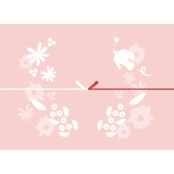 鳥や花を散りばめたピンク色のカジュアルなのし紙（結びきり）